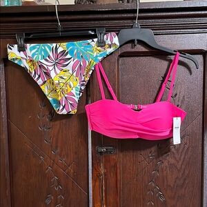 NWT Jonsaoja Pink Bikini Top and Tropical Print Bottoms